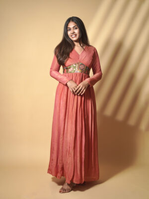 Pleated yoke Anarkali with Banarasi waist band