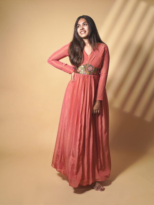 Pleated yoke Anarkali with Banarasi waist band - Image 2